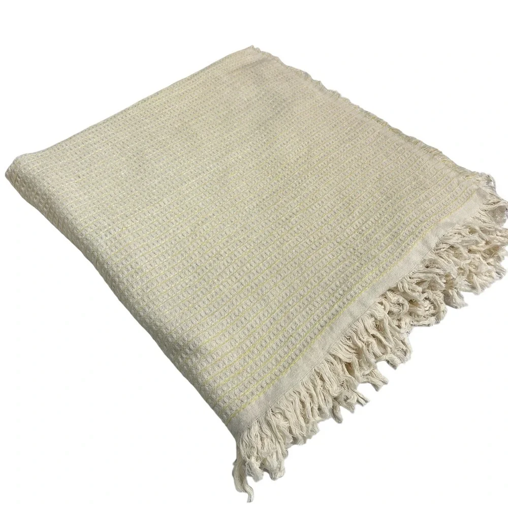 Rachel Ashwell Farmhouse Blanket‎ Throw Yellow Cream Striped Fringe Queen